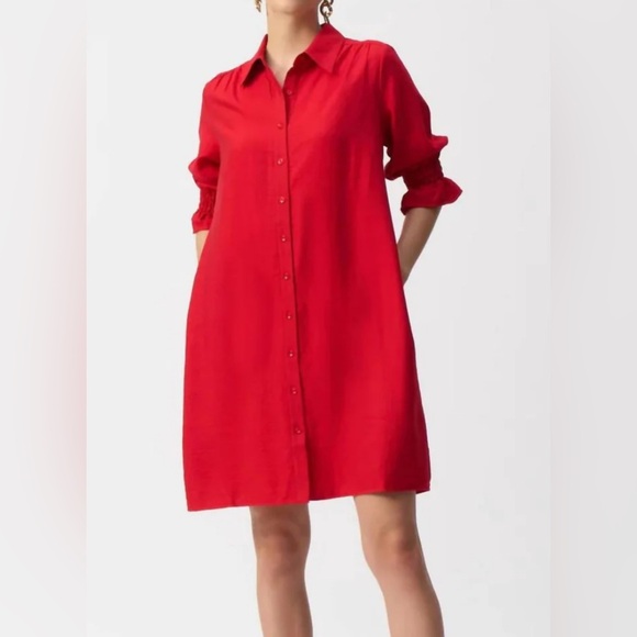 Joseph Ribkoff Vibrant Red button front shirt Dress smocked sleeves NWT S - Picture 1 of 5